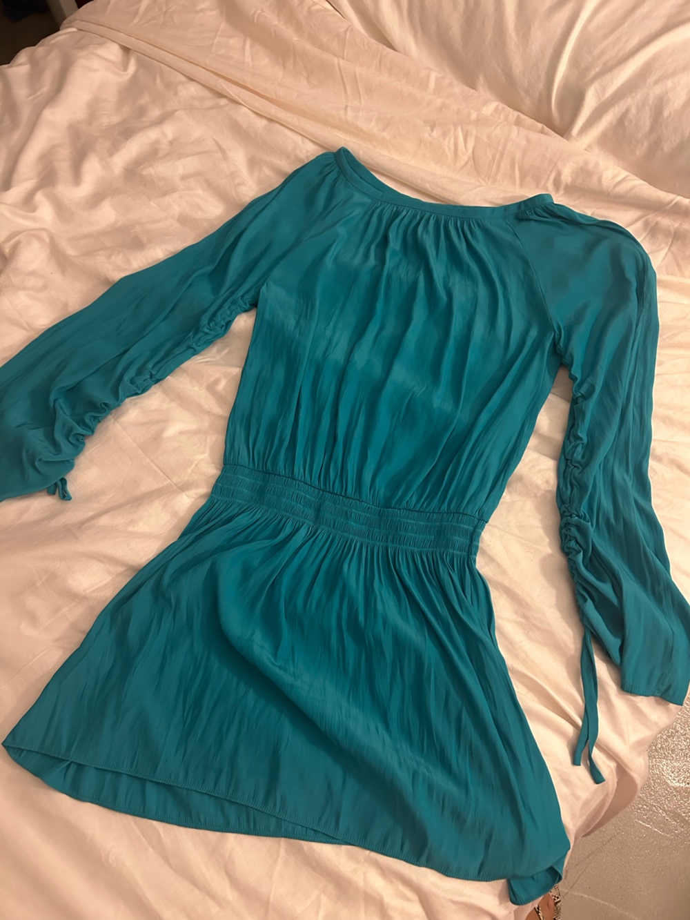 Ramy Brook Teal Long Sleeve Smocked-Waist Dress